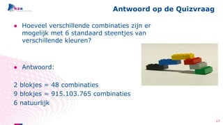 ● Hoeveel verschillende combinaties zijn er
mogelijk met 6 standaard steentjes van
verschillende kleuren?
● Antwoord:
2 blokjes = 48 combinaties
9 blokjes = 915.103.765 combinaties
Antwoord op de Quizvraag
17
6 natuurlijk
 