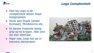 ● Ook bij Lego is de
complexiteit alleen maar
toegenomen
● Denk aan Duplo (ander
formaat), Mindstorms etc.
Lego Complexiteit
6
● In eerste instantie lastig
grip op te krijgen. Wat zien
we hier allemaal.
● Maar nee, knip het op in
kleinere elementen!
 