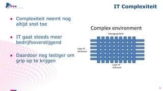 ● Complexiteit neemt nog
altijd snel toe
● IT gaat steeds meer
bedrijfsoverstijgend
● Daardoor nog lastiger om er
grip op te krijgen
IT Complexiteit
9
 