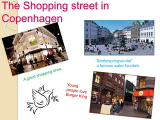 The Shopping street in
Copenhagen
”Storkespringvandet”
a famous water fountain.
 