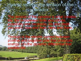 How to recover the tension of the paradox The tension of the paradox is what creates life: the in-between finite and infinite, possibility and necessity, life and death, you and I, now and then, here and there.  Tension is the electric current between positive and negative pole that produces energy: it is the dynamic differential that creates life.  