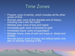 Time Zones Present: zone of activity, which includes all the other zones of time Remote past: zone of the obsolete and of history, including one’s own life myths  Mediate past: zone of loss and regret  Immediate past: zone of remorse or grief Immediate future: zone of expectation  Mediate future: zone of wish and hope or  dread and anxiety.  Remote future: zone of prayer and ethical action and also of ultimate meaning of life. 