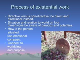 Process of existential work Directive versus non-directive: be direct and directional instead. Situation and relation to world on four dimensions:be aware of paradox and polarities. How is the person  situated:  use emotional  compass.  Connect to  worldview and purpose.  