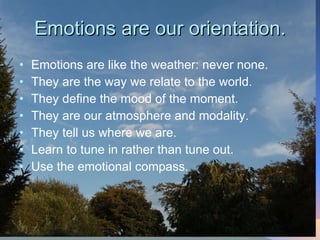 Emotions are our orientation. Emotions are like the weather: never none. They are the way we relate to the world.  They define the mood of the moment. They are our atmosphere and modality. They tell us where we are.  Learn to tune in rather than tune out.  Use the emotional compass. 