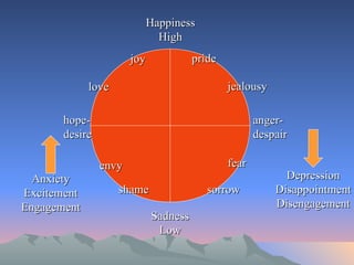 pride jealousy anger- despair fear sorrow shame envy hope- desire love joy Sadness Low Happiness High Anxiety Excitement Engagement Depression Disappointment Disengagement 