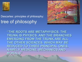 “ THE ROOTS ARE METAPHYSICS, THE TRUNK IS PHYSICS, AND THE BRANCHES EMERGING FROM THE TRUNK ARE ALL THE OTHER SCIENCES, WHICH MAY BE REDUCED TO THREE PRINCIPAL ONES, NAMELY MEDICINE, MECHANICS AND MORALS” Descartes: principles of philosophy:  tree of philosophy 