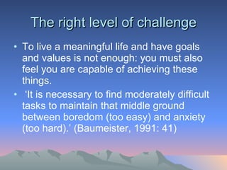 The right level of challenge To live a meaningful life and have goals and values is not enough: you must also feel you are capable of achieving these things.  ‘ It is necessary to find moderately difficult tasks to maintain that middle ground between boredom (too easy) and anxiety (too hard).’ (Baumeister, 1991: 41) 