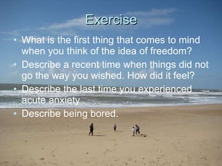 Exercise What is the first thing that comes to mind when you think of the idea of freedom? Describe a recent time when things did not go the way you wished. How did it feel? Describe the last time you experienced acute anxiety Describe being bored.  