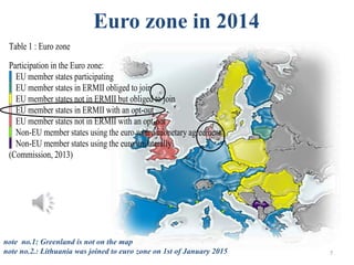 Euro zone in 2014
7
Table 1 : Euro zone
Participation in the Euro zone:
EU member states participating
EU member states in ERMII obliged to join
EU member states not in ERMII but obliged to join
EU member states in ERMII with an opt-out
EU member states not in ERMII with an opt-out
Non-EU member states using the euro with a monetary agreement
Non-EU member states using the euro unilaterally
(Commission, 2013)
note no.1: Greenland is not on the map
note no.2.: Lithuania was joined to euro zone on 1st of January 2015
 