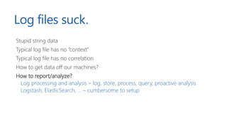 Log files suck.
Stupid string data
Typical log file has no “context”
Typical log file has no correlation
How to get data o...