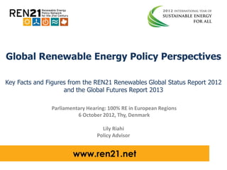 Global Renewable Energy Policy Perspectives
Key Facts and Figures from the REN21 Renewables Global Status Report 2012
and the Global Futures Report 2013
Parliamentary Hearing: 100% RE in European Regions
6 October 2012, Thy, Denmark
Lily Riahi
Policy Advisor

www.ren21.net

 