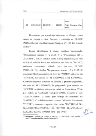 PGR Inquéritos n. 4.327/DF e 4.483/DF
resina
R$ 1.500.000,00 25/03/2014 PRIMO Paulo Henrique Qua-
resma
Destaque-se que o endereço constante no Drougs como
sendo de entrega é onde funciona o escritório de ELISEU
PADILHA, qual seja, Rua Siqueira Campos, no 1184, Rio Grande
do Sul'.
Foram identificadas 2 (duas) planilhas, denominadas
"Programacao semana 17 a 21.03.14" e "Programacao (24 a
28.03.2014)", com os detalhes sobre 3 (três) pagamentos, no total
de R$ 4,0 milhões, feitos pela Odebrecht em favor de "PRIMO",
codinome comumente utilizado para descrever ELISEU
PADILHA. Na planilha "Programacao semana 17 a 21.03.14"
constam 2 (dois) pagamentos em favor de "PRIMO", ambos no dia
18/3/2014, nos valores de R$ 1.062.000,00 e R$ 1.438.000,00.
Conforme registros existentes na planilha, o primeiro pagamento,
no valor de R$ 1.062.000,00, foi programado para ocorrer em
18/3/2014 e o dinheiro entregue na cidade de Porto Alegre (POA)
por ordem da Odebrecht Transport (OTP), referente à obra
"AEROPORTOS". A senha para entrega do numerário foi
"SARDINHA", o dinheiro saiu da conta da Odebrecht denominada
"TUTAR" e constou a seguinte observação: "ENTREGAR NA
RUA SIQUEIRA CAMPOS, 1184 - CENTRO - 12. ANDAR, AO
LUCIANO PAVÃO (500 DIA 14/3 - 562 19/3)".
199Relatórios. Relatório de Análise n. 048/2017 — SPRA/PGR. Vide também:
<
http://www.eliseupadilha.com.br/advogado/>.
146 de 245
 
