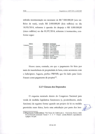 PGR Inquéritos n. 4.327/DF e 4.483/DF
referida movimentação no montante de R$ 7.000.000,00 (sete mi-
lhões de reais), sendo R$ 2.000.000,00 (dois milhões) no dia
18/03/2014, referente à questão do despojo e R$ 5.000.000,00
(cinco milhões) no dia 01/07/2014, referente à ivermectina, con-
forme segue:
16103/14 2.000.00060
a 03/0412014 4.749.000,00
03/04/14 -338.000,00
16/04/14 -1260.000,00
17/04/14 -783.000,00
0645/14 495.900,00
07/05114 -1.023.330,00
03/06/14 -1.341.087,24
01/97/14 5.000.00060
01/07/14 -105.600,60
01/07/14 -1.577.800,00
Cred despojos -2751.679,67
ref quaação casa pari -9.500.67467
desp hencoptera -9.838.679,67
nf 106 viscfpa -11.66867467
nt 089 araglas -12.451.679.67
n1110 sign/eldorado -13.347.579.67
nf 094 aras/eldorado -16170.90467
nf 113 visc/eldorado -18.511.996,91
ref verme -11.511.996,91
imposto bele/antera -11.617.597.51
nf 097 aragljba -13.195.397,51
Houve casos, contudo, em que o pagamento foi feito por
meio de transferência de propriedade de bens, como aconteceu com
o helicóptero Augusta, prefixo PRFMB, que foi dado para Lúcio
Funaro como pagamento de propina212.
2.2.7 Câmara dos Deputados
O esquema montado dentro do Congresso Nacional para
venda de medidas legislativas funcionava (e, possivelmente, ainda
funcione) da seguinte forma: quando um projeto de lei ou medida
provisória erameram feitos, havia uma articulação por parte dos inte-
212Depoimento Colaboradores. Vide Termo de Colaboração n. 4 de Joesley Batista e dado
de corroboração nominado "Anexo 4 - 5 - 6 - 9 - Funaro - Joesley Batista?, especialmente
a página 5 do pdf.
169 de 245
 