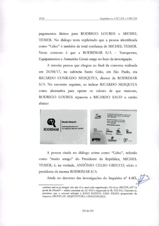 tit
RODRIMAR
exartlanvocutiOrtenutronte
.5511 9E15 31t2 I 9002219 76206669
Ricardo Mesquita
Gil
Rgui
3r
Av. removem. 2031 1.1. anos •conta 131 • IPbrivvée Irdianopoles .5la PauvisP 1 cao ovon.gas
'35'! MANO,
Na GMMICIII14/2.141 V afidè.
Unho - SamooSP 1 4,11010-906
5513 320/G200
wrontalsaralir
talion„
.~
gni ROLIfIMAR
ti71
EUROMIS
PGR Inquéritos n. 4.327/DF e 4.483/DF
pagamentos ilícitos para RODRIGO LOURES e MICHEL
LEMER. No diálogo resta explicitado que a pessoa identificada
como "Celso" é também da total confiança de MICHEL TEMER.
Neste contexto é que a RODRIMAR S/A — Transportes,
Equipamentos e Armazéns Gerais surge no bojo da investigação.
A terceira pessoa que chegou ao final da conversa reali7ada
em 24/04/17, na cafeteria Santo Grão, em São Paulo, era
RICARDO CONRADO MESQUITA, diretor da RODRIMAR
S/A. No encontro seguinte, ao indicar RICARDO MESQUITA
como alternativa para operar os valores de que tratavam,
RODRIGO LOURES repassou a RICARDO SAUD o cartão
abaixo:
A pessoa citada no diálogo acima como "Celso", referido
como "muito amigo" do Presidente da República, MICHEL
LEMER, é, na verdade, ANTÔNIO CELSO GRECCO, sócio e
presidente da mesma RODRIMAR S/A.
Ainda no decorrer das investigações do Inquérito n° 4.483,
continuar onde cuja entreguei; não, não, lá os canais estão congestionados. Era lá na ARGEPLAN" (a
partir de 20min47 — mídia constante da AC 4315 e degravada às fls. 312-316). Constata-se,
portanto, que o coronel referido é JOÃO BATISTA LIMA FILHO, proprietário da
empresa ARGEPLAN ARQU1LETURA e ENGENHARIA.
232 de 245
 