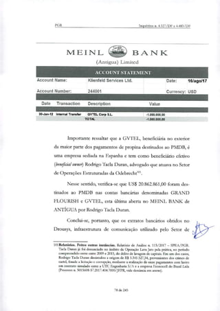 PGR Inquéritos n. 4.327/DF e 4.483/DF
MEINL BANK
(Andgua) Limited
ACCOUNT STATEMENT
Account Name:
Account Number:
Klienfeld Services Ltd.
244001
Date: 16/agof17
Currency: USD
Date Transaction Description
30-Jan-12 Intemal Transfer GVTEL Corp S.L.
TOTAL
Value
-1.000.000,00
-1.000.000,00
Importante ressaltar que a GVTEL, benefirãria no exterior
da maior parte dos pagamentos de propina destinados ao PMDB, é
uma empresa sediada na Espanha e tem como beneficãrio efetivo
(beneficiai ownet) Rodrigo Tacla Duran, advogado que atuava no Setor
de Operações Estruturadas da Odebrechtull.
Nesse sentido, verifica-se que US$ 20.862.861,00 foram des-
tinados ao PMDB nas contas bancárias denominadas GRAND
FLOURISH e GVTEL, esta última aberta no MEINL BANK de
ANTIGUA por Rodrigo Tacla Duran.
Conclui-se, portanto, que os extratos bancários obtidos no
Drousys, infraestrutura de comunicação urdindo pelo Setor de
101Relatórios. Feitos outras instâncias. Relatório de Análise n. 115/2017 — SPEA/PGR.
Tacla Duran já foi denunciado no âmbito da Operação Lava Jato pela prática, no período
compreendido entre entre 2009 e 2015, do delito de lavagem de capitais. Em um dos casos,
Rodrigo Tacla Duma dissimulou a origem de R$ 5.341.527,54, provenientes dos crimes de
cartel, fraude a licitação e corrupção, mediante a realização de onze pagamentos com lastro
em contrato simulado entre a UTC Engenharia S/A e a empresa Econocell do Brasil Ltda
(Processo n. 5015608-57.2017.404.7000/JFPR, vide denúncia em anexo).
78 de 245
 