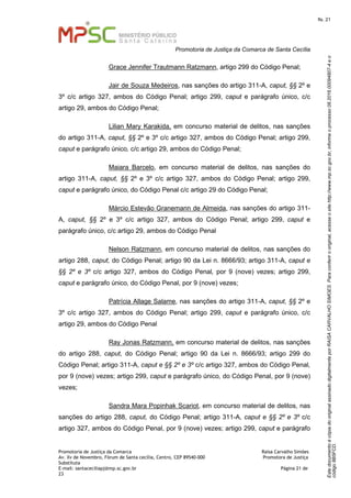 EstedocumentoécópiadooriginalassinadodigitalmenteporRAISACARVALHOSIMOES.Paraconferirooriginal,acesseositehttp://www.mp.sc.gov.br,informeoprocesso08.2016.00094807-4eo
código8B5FCD.
fls. 21
Promotoria de Justiça da Comarca de Santa Cecília
Promotoria de Justiça da Comarca Raísa Carvalho Simões
Av. Xv de Novembro, Fórum de Santa cecília, Centro, CEP 89540-000 Promotora de Justiça
Substituta
E-mail: santaceciliapj@mp.sc.gov.br Página 21 de
23
Grace Jennifer Trautmann Ratzmann, artigo 299 do Código Penal;
Jair de Souza Medeiros, nas sanções do artigo 311-A, caput, §§ 2º e
3º c/c artigo 327, ambos do Código Penal; artigo 299, caput e parágrafo único, c/c
artigo 29, ambos do Código Penal;
Lilian Mary Karakida, em concurso material de delitos, nas sanções
do artigo 311-A, caput, §§ 2º e 3º c/c artigo 327, ambos do Código Penal; artigo 299,
caput e parágrafo único, c/c artigo 29, ambos do Código Penal;
Maiara Barcelo, em concurso material de delitos, nas sanções do
artigo 311-A, caput, §§ 2º e 3º c/c artigo 327, ambos do Código Penal; artigo 299,
caput e parágrafo único, do Código Penal c/c artigo 29 do Código Penal;
Márcio Estevão Granemann de Almeida, nas sanções do artigo 311-
A, caput, §§ 2º e 3º c/c artigo 327, ambos do Código Penal; artigo 299, caput e
parágrafo único, c/c artigo 29, ambos do Código Penal
Nelson Ratzmann, em concurso material de delitos, nas sanções do
artigo 288, caput, do Código Penal; artigo 90 da Lei n. 8666/93; artigo 311-A, caput e
§§ 2º e 3º c/c artigo 327, ambos do Código Penal, por 9 (nove) vezes; artigo 299,
caput e parágrafo único, do Código Penal, por 9 (nove) vezes;
Patrícia Allage Salame, nas sanções do artigo 311-A, caput, §§ 2º e
3º c/c artigo 327, ambos do Código Penal; artigo 299, caput e parágrafo único, c/c
artigo 29, ambos do Código Penal
Ray Jonas Ratzmann, em concurso material de delitos, nas sanções
do artigo 288, caput, do Código Penal; artigo 90 da Lei n. 8666/93; artigo 299 do
Código Penal; artigo 311-A, caput e §§ 2º e 3º c/c artigo 327, ambos do Código Penal,
por 9 (nove) vezes; artigo 299, caput e parágrafo único, do Código Penal, por 9 (nove)
vezes;
Sandra Mara Popinhak Scariot, em concurso material de delitos, nas
sanções do artigo 288, caput, do Código Penal; artigo 311-A, caput e §§ 2º e 3º c/c
artigo 327, ambos do Código Penal, por 9 (nove) vezes; artigo 299, caput e parágrafo
 