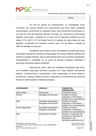 EstedocumentoécópiadooriginalassinadodigitalmenteporRAISACARVALHOSIMOES.Paraconferirooriginal,acesseositehttp://www.mp.sc.gov.br,informeoprocesso08.2016.00094807-4eo
código8B5FCD.
fls. 8
Promotoria de Justiça da Comarca de Santa Cecília
Promotoria de Justiça da Comarca Raísa Carvalho Simões
Av. Xv de Novembro, Fórum de Santa cecília, Centro, CEP 89540-000 Promotora de Justiça
Substituta
E-mail: santaceciliapj@mp.sc.gov.br Página 8 de
23
Obras
Ao final do período de monitoramento, as investigações foram
concluídas com provas robustas que comprovavam que todos esses candidatos
supraindicados, confirmando as suspeitas iniciais, foram diretamente beneficiados no
concurso por meio das seguintes práticas criminosas: (a) vazamento de informações
sigilosas, quais sejam: o gabarito de 10 (dez) das 40 (quarenta) questões da prova
(artigo 311-A, §§ 2º e 3º, do Código Penal); (b) inserção de dados falsos em seus
gabaritos, consistentes em respostas corretas, para o fim de alterar a verdade do
edital do resultado do concurso.
Ressalta-se que também a partir dos relatórios enviados pelo Grupo
de Atuação Especial de Combate às Organizações Criminosas (GAECO-LAGES) ficou
evidente a atuação reiterada, ativa e extremamente lesiva aos princípios da legalidade,
impessoalidade e moralidade, de um grupo de pessoas ("cabeças") dedicadas à
aprovação fraudulenta desses candidatos.
Desnudou-se, assim, além dos candidatos beneficiados pela trama,
uma verdadeira associação criminosa composta de 6 (seis) pessoas (funcionários
públicos, a primeira-dama e empresários), todos empenhados, de forma estável e
permanente, a alcançar objetivos próprios e específicos no cometimento dos crimes de
fraude em certame público e falsidade ideológica.
INTEGRANTE VÍNCULO FUNÇÃO NA
ASSOCIAÇÃO
Sandra Mara Primeira-da Comandar o grupo
Doriani Advogada do Município Facilitar as fraudes
praticadas e intermediar o
contato com os empresários
Steli Candidata beneficiada e
Advogada do Município
Facilitar as fraudes
praticadas e intermediar o
contato com os empresários
Carlos Alessandro Candidato beneficiado e
Pregoeiro da licitação
Facilitar as fraudes
praticadas e intermediar o
contato com os empresários
Ray Empresário da Nubes Garantir o vazamento das
questões e a alteração do
desempenho dos
candidatos agraciados com
 
