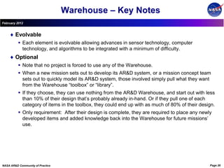 Warehouse – Key Notes
February 2012


        Evolvable
           Each element is evolvable allowing advances in sensor technology, computer
            technology, and algorithms to be integrated with a minimum of difficulty.
        Optional
           Note that no project is forced to use any of the Warehouse.
           When a new mission sets out to develop its AR&D system, or a mission concept team
            sets out to quickly model its AR&D system, those involved simply pull what they want
            from the Warehouse “toolbox” or “library”.
           If they choose, they can use nothing from the AR&D Warehouse, and start out with less
            than 10% of their design that’s probably already in-hand. Or if they pull one of each
            category of items in the toolbox, they could end up with as much of 80% of their design.
           Only requirement: After their design is complete, they are required to place any newly
            developed items and added knowledge back into the Warehouse for future missions’
            use.




NASA AR&D Community of Practice                                                                  Page 26
 
