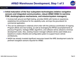 AR&D Warehouse Development, Step 1 of 3
February 2012


        Initial maturation of the four subsystem technologies (relative navigation
        sensors and integrated communication, robust AR&D GN&C & real-time
        FSW, docking/capture mechanisms, and mission/system managers).
           Involves both ground and flight testing, provides NASA with hands-on experience,
            establishes the architecture for the capability suite, and lays the groundwork for
            commercial application.
           This can be addressed in relatively short order with the judicious coordination of ongoing
            Program efforts and new funding, as well as leveraging the RPOD accomplishments of
            previous Programs, heritage GN&C algorithms, and software will be utilized to minimize
            development costs. Also, existing mission manager software will be used initially as a
            baseline to create a flexible and configurable system to support future vehicle
            architectures.
           NASA has already invested significant resources toward the NRE development costs for
            pertinent navigation sensors required for AR&D.




NASA AR&D Community of Practice                                                                   Page 32
 