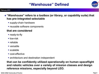 “Warehouse” Defined
February 2012



        “Warehouse” refers to a toolbox (or library, or capability suite) that
        has pre-integrated selectable
           supply-chain hardware
           reusable software components
        that are considered
           ready-to-fly
           low-risk
           reliable
           versatile
           scalable
           cost-effective
           architecture and destination independent
        that can be confidently utilized operationally on human spaceflight
        and robotic vehicles over a variety of mission classes and design
        reference missions, especially beyond LEO.
NASA AR&D Community of Practice                                              Page 9
 