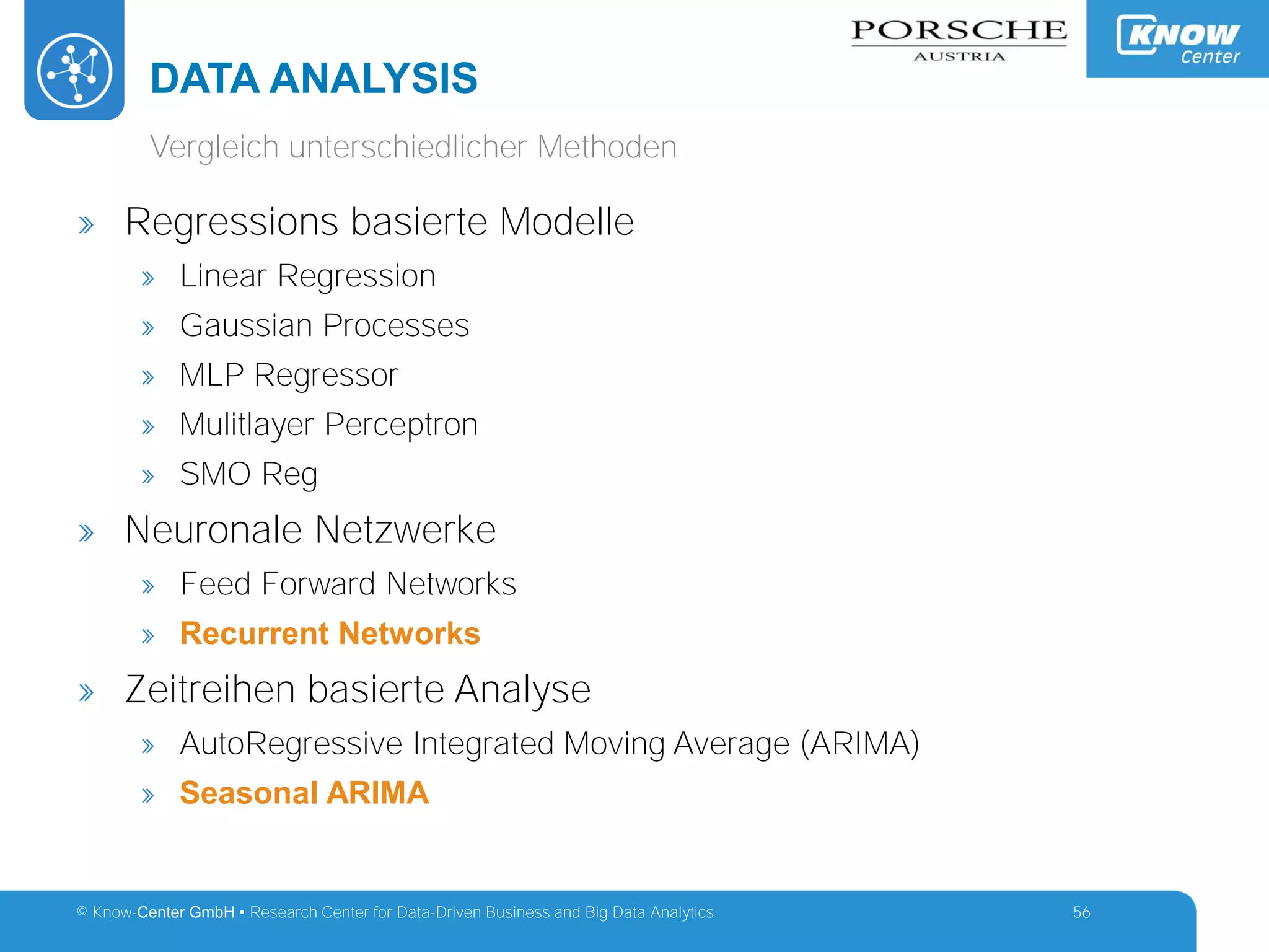 © Know-Center GmbH • Research Center for Data-Driven Business and Big Data Analytics
DATA ANALYSIS
56
Vergleich unterschiedlicher Methoden
» Regressions basierte Modelle
» Linear Regression
» Gaussian Processes
» MLP Regressor
» Mulitlayer Perceptron
» SMO Reg
» Neuronale Netzwerke
» Feed Forward Networks
» Recurrent Networks
» Zeitreihen basierte Analyse
» AutoRegressive Integrated Moving Average (ARIMA)
» Seasonal ARIMA
 