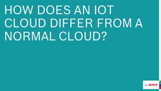 G1 | March 9 + 10, 2016 | Bosch ConnectedWorld
® Robert Bosch GmbH 2016. All rights reserved, also regarding any disposal, exploitation, reproduction, editing, and distribution, as well as in the event of applications for industrial property rights.
HOW DOES AN IOT
CLOUD DIFFER FROM A
NORMAL CLOUD?
 