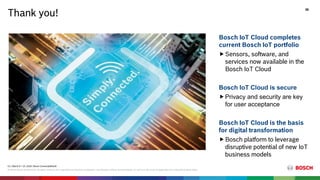 G1 | March 9 + 10, 2016 | Bosch ConnectedWorld
® Robert Bosch GmbH 2016. All rights reserved, also regarding any disposal, exploitation, reproduction, editing, and distribution, as well as in the event of applications for industrial property rights.
Thank you!
38
Bosch IoT Cloud completes
current Bosch IoT portfolio
Sensors, software, and
services now available in the
Bosch IoT Cloud
Bosch IoT Cloud is secure
Privacy and security are key
for user acceptance
Bosch IoT Cloud is the basis
for digital transformation
Bosch platform to leverage
disruptive potential of new IoT
business models
 