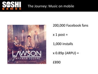 The Journey: Music on mobile
200,000 Facebook fans
x 1 post =
1,000 installs
x 0.89p (ARPU) =
£890
 