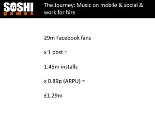 The Journey: Music on mobile & social &
work for hire
29m Facebook fans
x 1 post =
1.45m installs
x 0.89p (ARPU) =
£1.29m
 