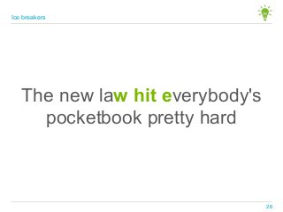 The new law hit everybody's
pocketbook pretty hard
Ice breakers
26
 