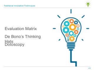 De Bono’s Thinking
Hats
Evaluation Matrix
Dotoscopy
Traditional Innovation Techniques
43
 