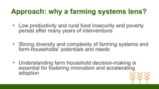 Approach: why a farming systems lens?
• Low productivity and rural food insecurity and poverty
persist after many years of interventions
• Strong diversity and complexity of farming systems and
farm-households’ potentials and needs
• Understanding farm household decision-making is
essential for fostering innovation and accelerating
adoption
 