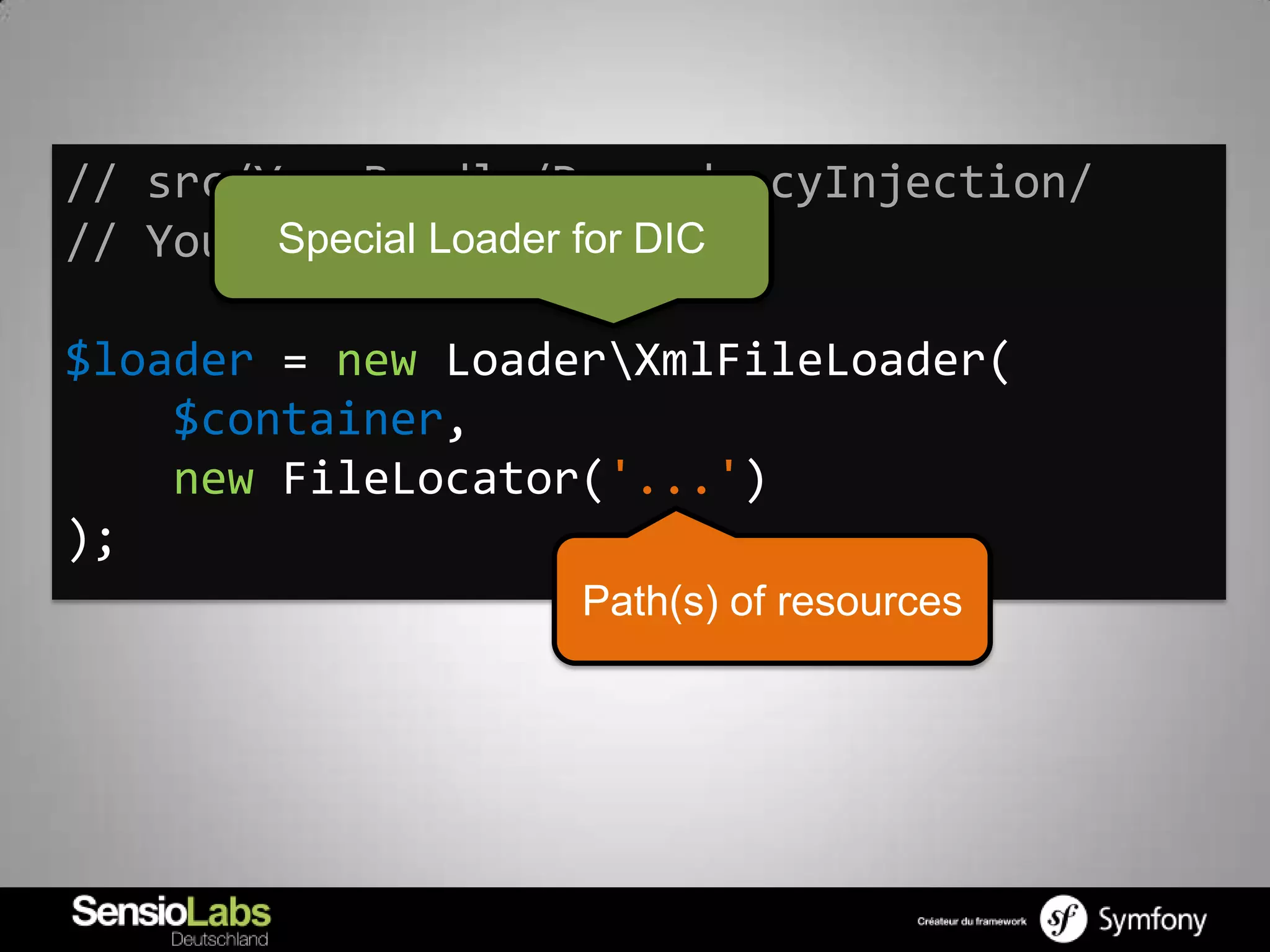 // src/YourBundle/DependencyInjection/
// YourBundleExtension.php
        Special Loader for DIC

$loader = new LoaderXmlFileLoader(
    $container,
    new FileLocator('...')
);
                   Path(s) of resources
 