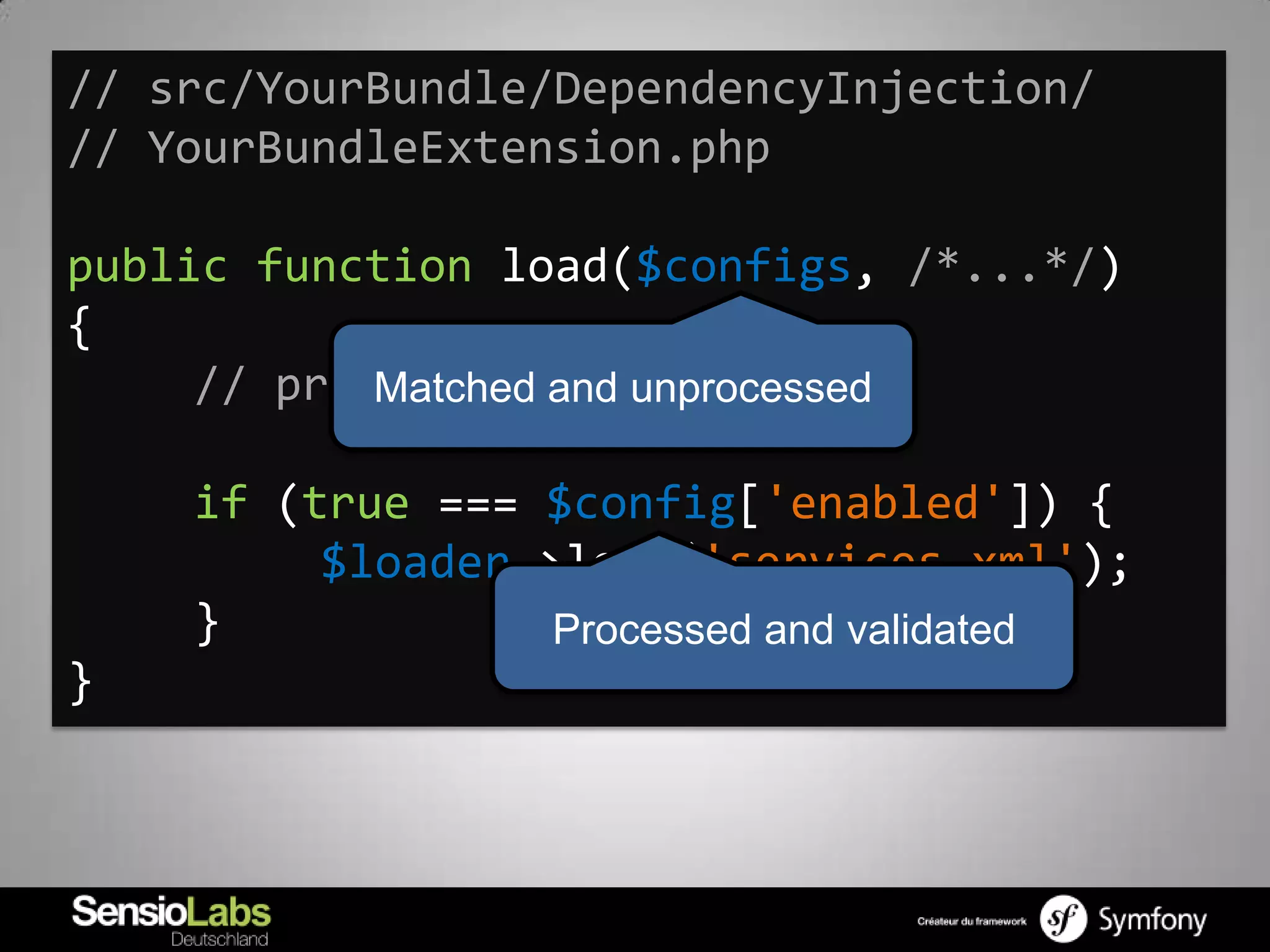 // src/YourBundle/DependencyInjection/
// YourBundleExtension.php

public function load($configs, /*...*/)
{
     // processing and unprocessed
            Matched ...

    if (true === $config['enabled']) {
         $loader->load('services.xml');
    }             Processed and validated
}
 