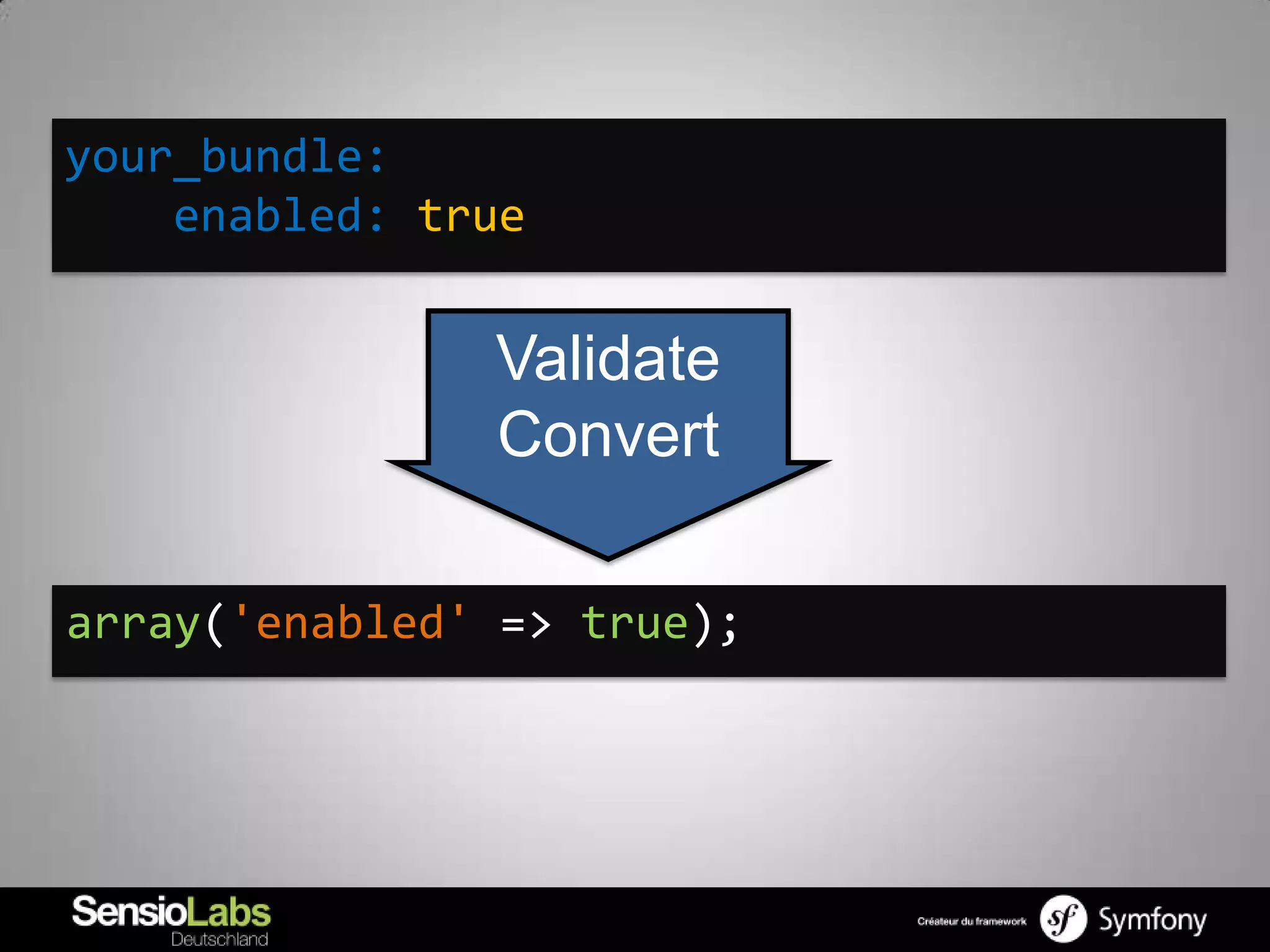 your_bundle:
    enabled: true


               Validate
               Convert

array('enabled' => true);
 