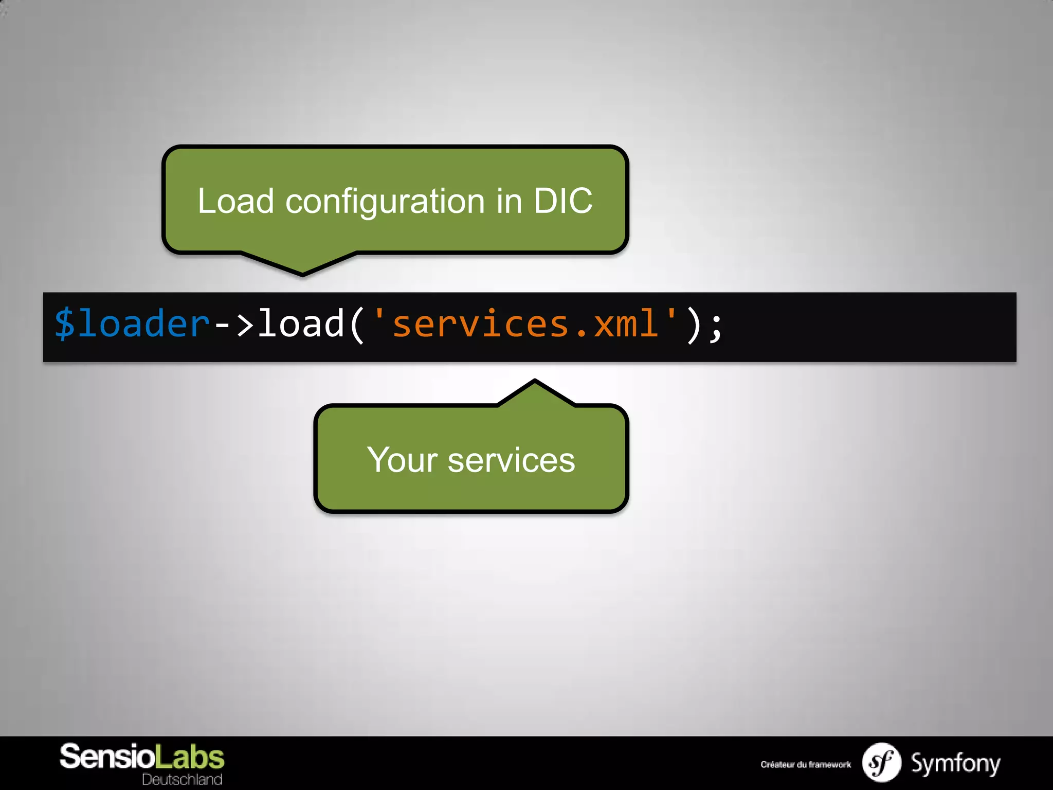 Load configuration in DIC


$loader->load('services.xml');


                Your services
 