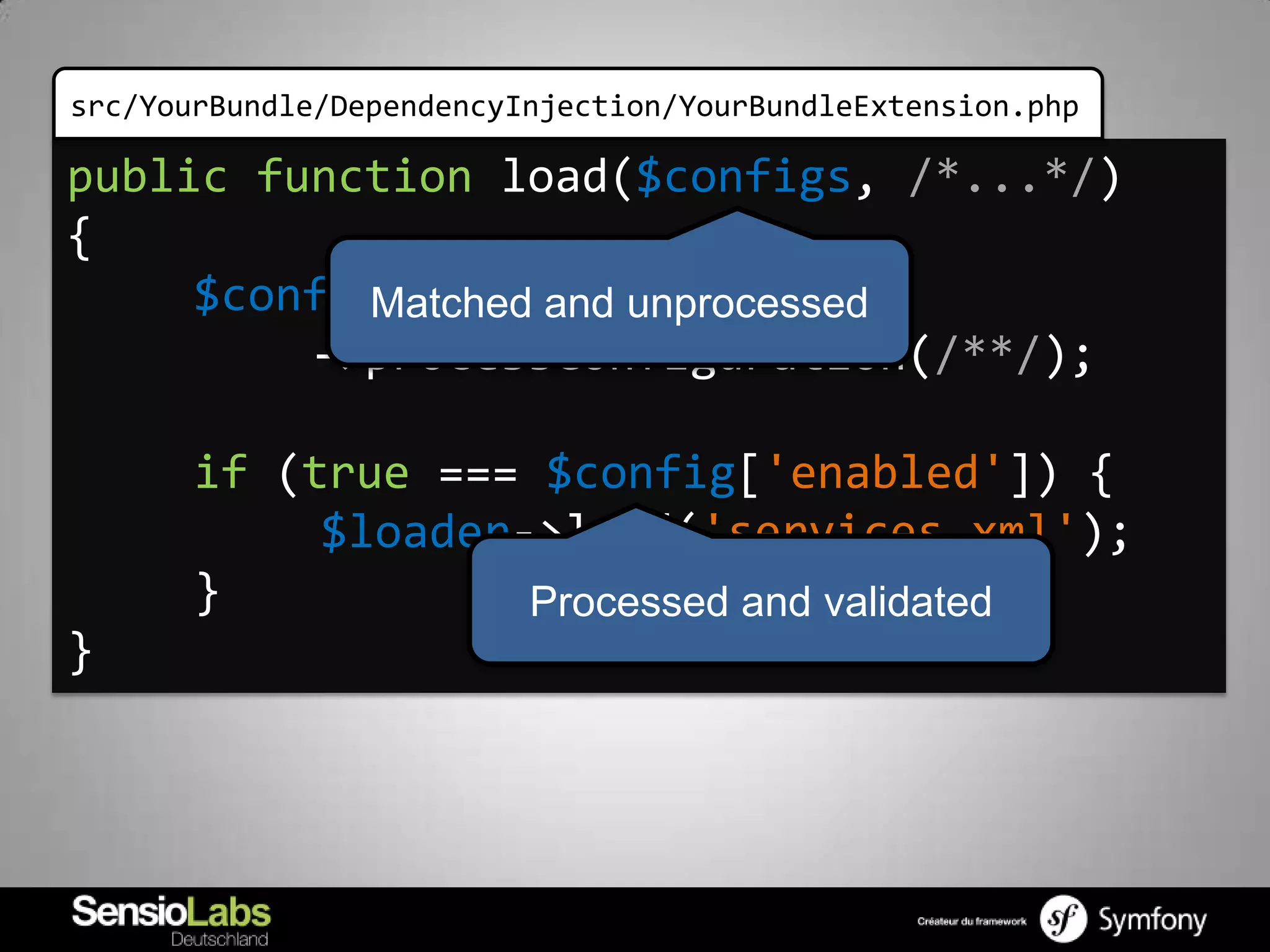 src/YourBundle/DependencyInjection/YourBundleExtension.php

public function load($configs, /*...*/)
{
     $config = $this unprocessed
            Matched and
         ->processConfiguration(/**/);

       if (true === $config['enabled']) {
            $loader->load('services.xml');
       }            Processed and validated
}
 