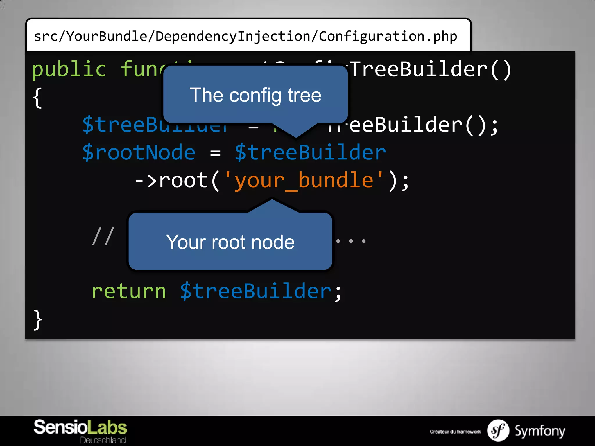 src/YourBundle/DependencyInjection/Configuration.php

public function getConfigTreeBuilder()
{           The config tree
    $treeBuilder = new TreeBuilder();
    $rootNode = $treeBuilder
        ->root('your_bundle');

       // tree definition ...
             Your root node

       return $treeBuilder;
}
 