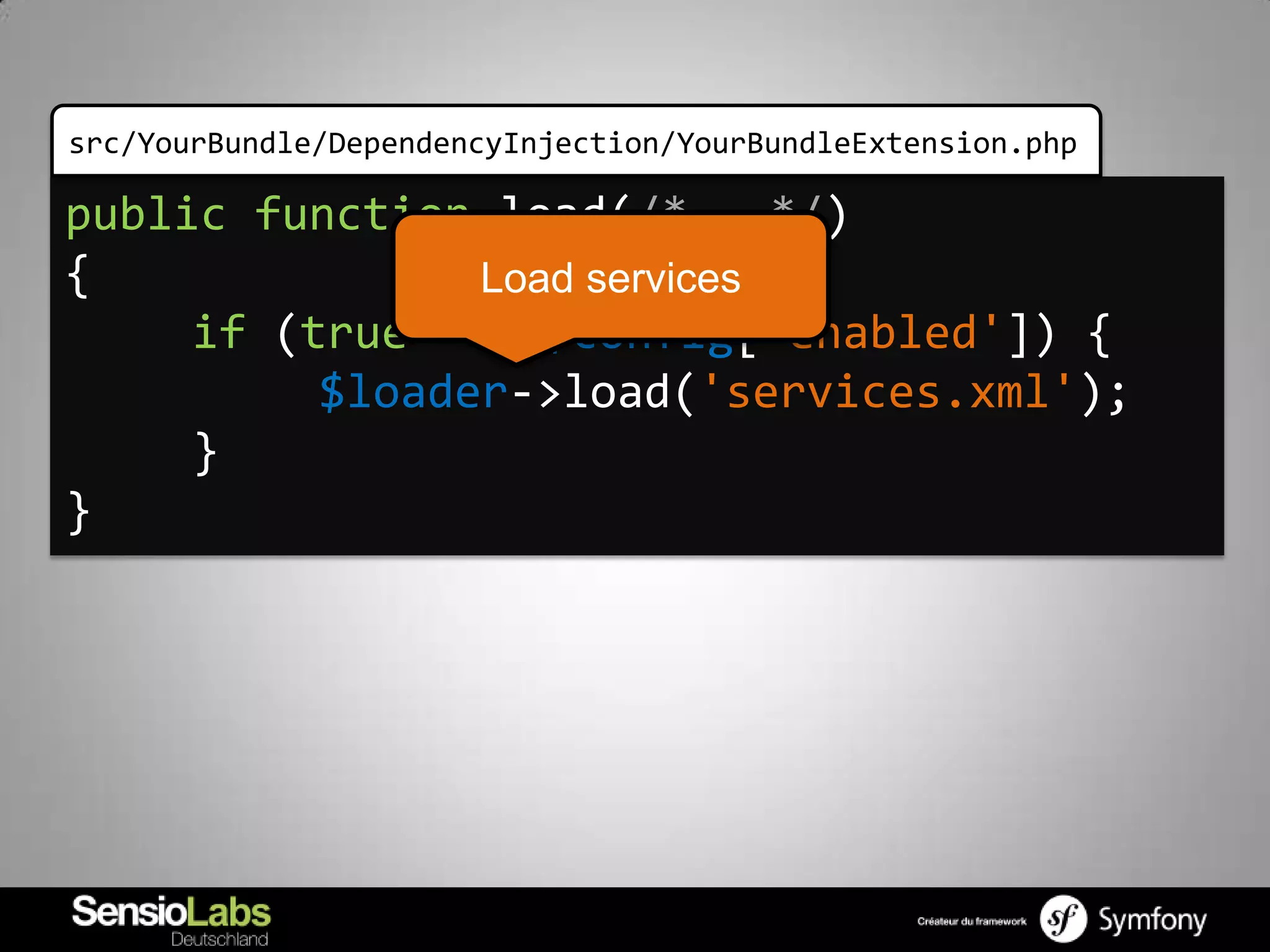 src/YourBundle/DependencyInjection/YourBundleExtension.php

public function load(/*...*/)
{               Load services
     if (true === $config['enabled']) {
          $loader->load('services.xml');
     }
}
 