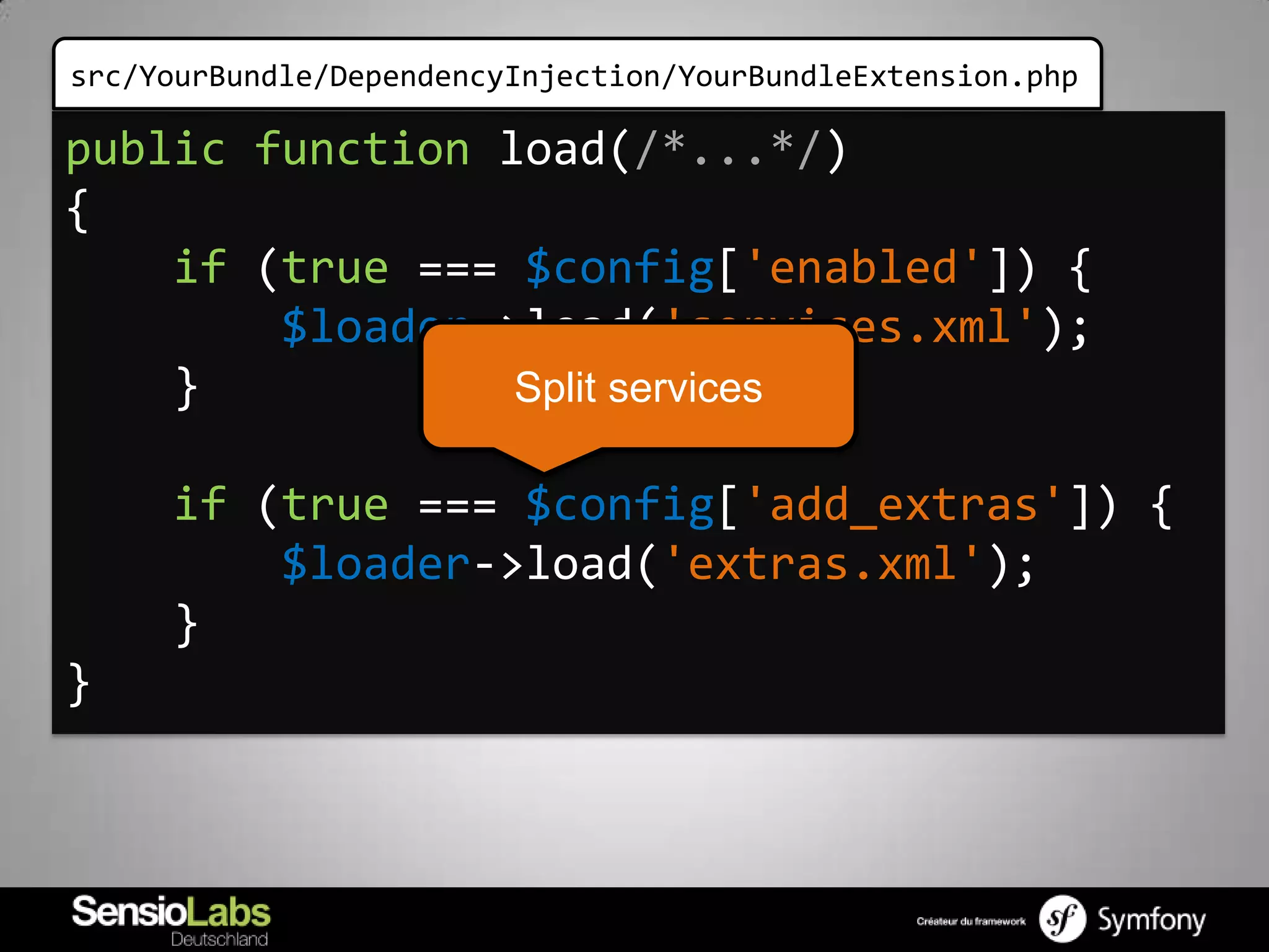 src/YourBundle/DependencyInjection/YourBundleExtension.php

public function load(/*...*/)
{
    if (true === $config['enabled']) {
        $loader->load('services.xml');
    }            Split services

     if (true === $config['add_extras']) {
         $loader->load('extras.xml');
     }
}
 