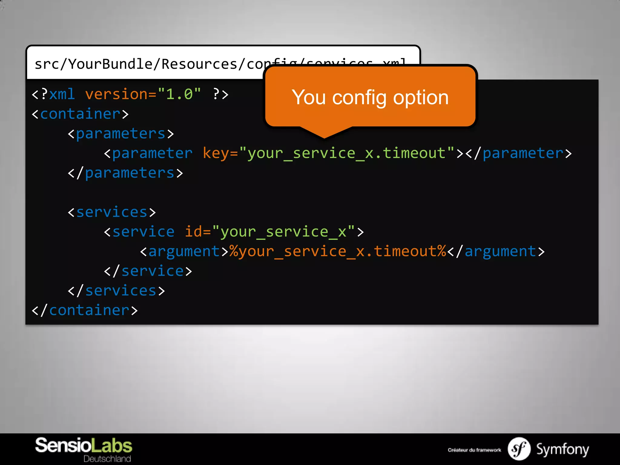 src/YourBundle/Resources/config/services.xml
<?xml version="1.0" ?>       You config option
<container>
    <parameters>
        <parameter key="your_service_x.timeout"></parameter>
    </parameters>

    <services>
        <service id="your_service_x">
             <argument>%your_service_x.timeout%</argument>
        </service>
    </services>
</container>
 