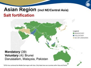 Salt fortification
Mandatory (39)
Voluntary (4): Brunei
Darussalam, Malaysia, Pakistan
Asian Region (incl NE/Central Asia)...