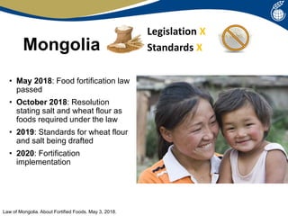Philippines
• Mandatory wheat flour legislation since 2001
(not aligned with WHO)
• National Nutrition Council (NNC) has p...