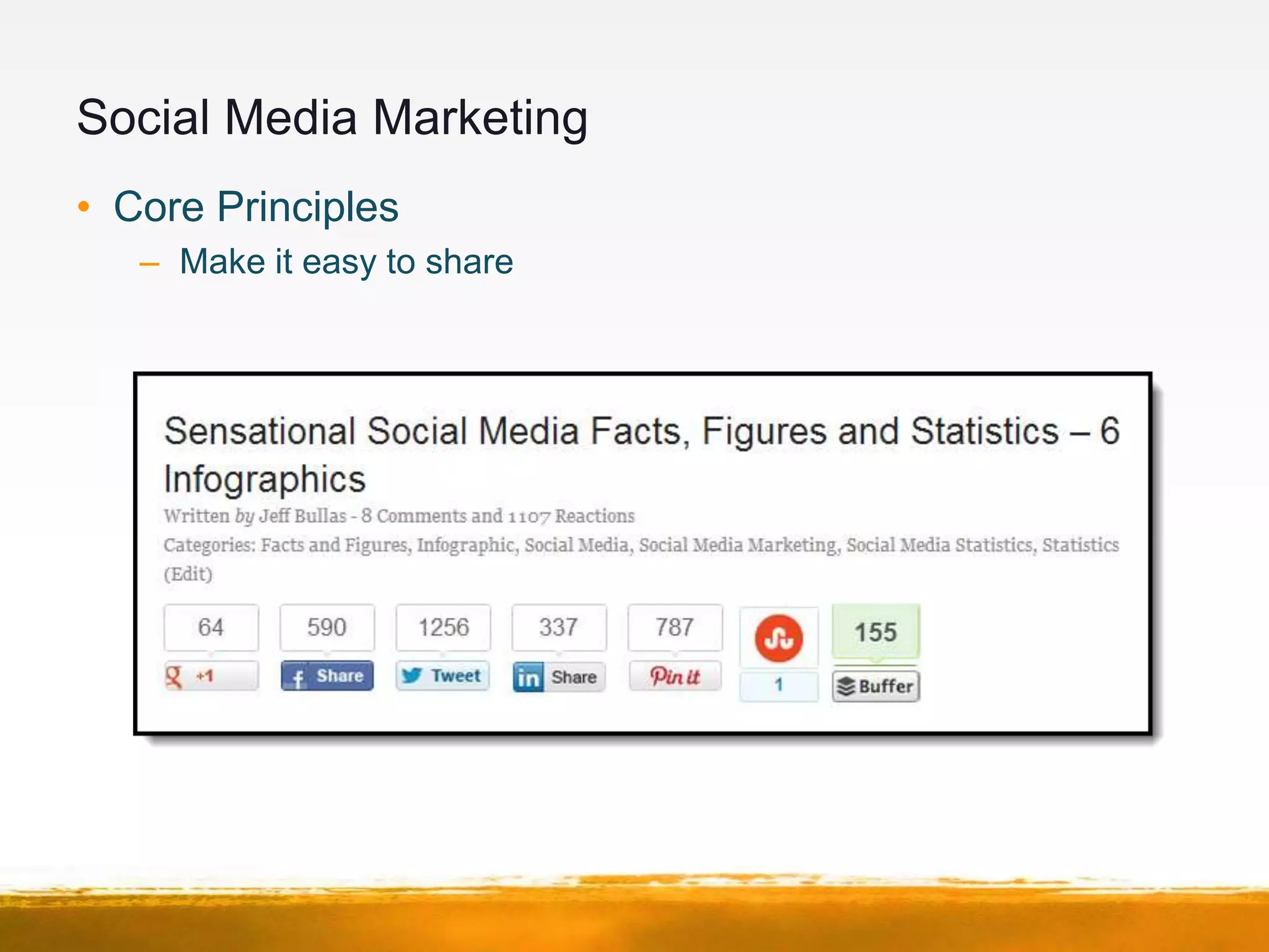 Social Media Marketing
• Core Principles
   – Make it easy to share
 