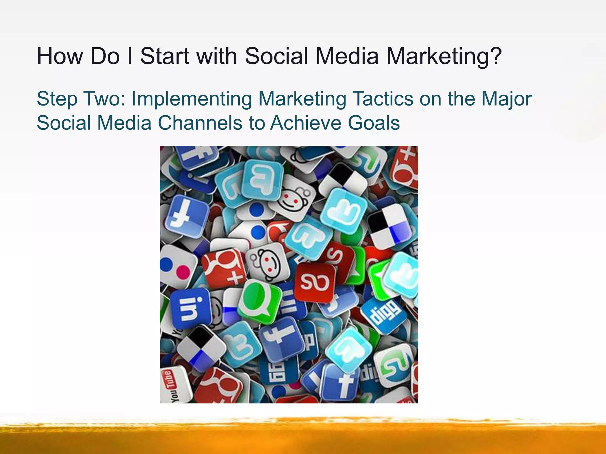 How Do I Start with Social Media Marketing?
Step Two: Implementing Marketing Tactics on the Major
Social Media Channels to Achieve Goals
 