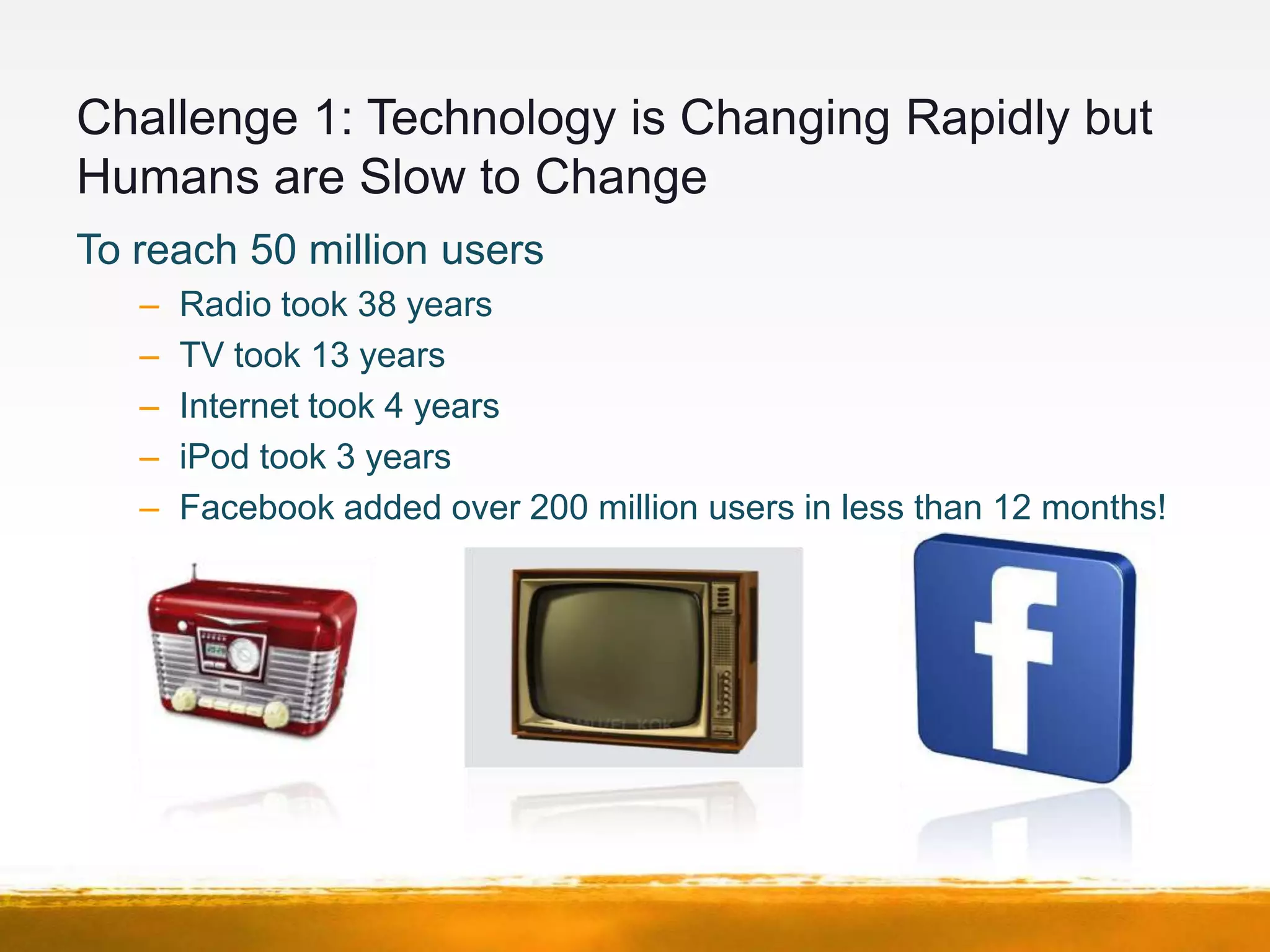 Challenge 1: Technology is Changing Rapidly but
Humans are Slow to Change
To reach 50 million users
   –   Radio took 38 years
   –   TV took 13 years
   –   Internet took 4 years
   –   iPod took 3 years
   –   Facebook added over 200 million users in less than 12 months!
 