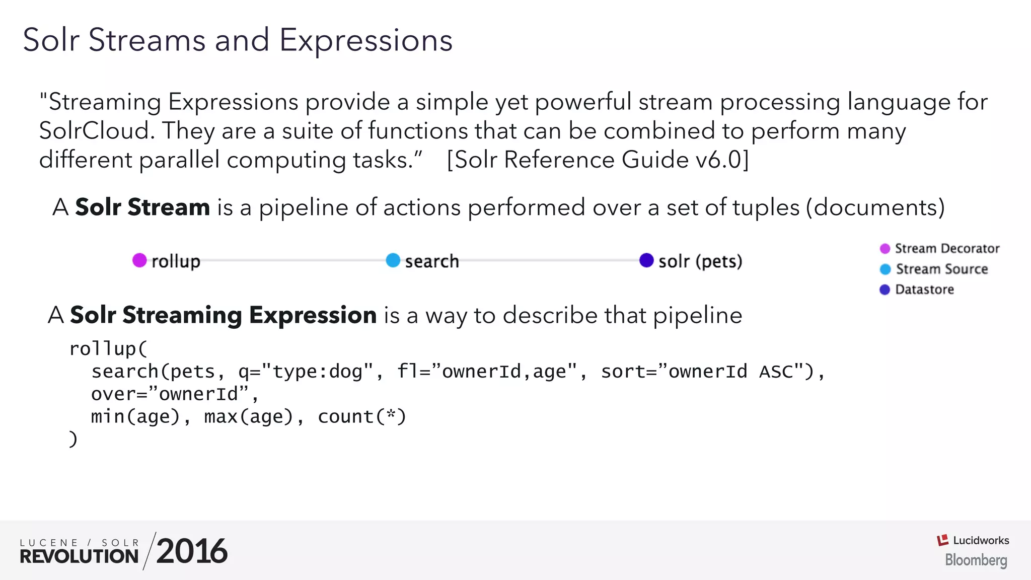 03
Solr Streams and Expressions
"Streaming Expressions provide a simple yet powerful stream processing language for
SolrCloud. They are a suite of functions that can be combined to perform many
different parallel computing tasks.” [Solr Reference Guide v6.0]
A Solr Stream is a pipeline of actions performed over a set of tuples (documents)
A Solr Streaming Expression is a way to describe that pipeline
rollup(
search(pets, q="type:dog", fl=”ownerId,age", sort=”ownerId ASC"),
over=”ownerId”,
min(age), max(age), count(*)
)
 