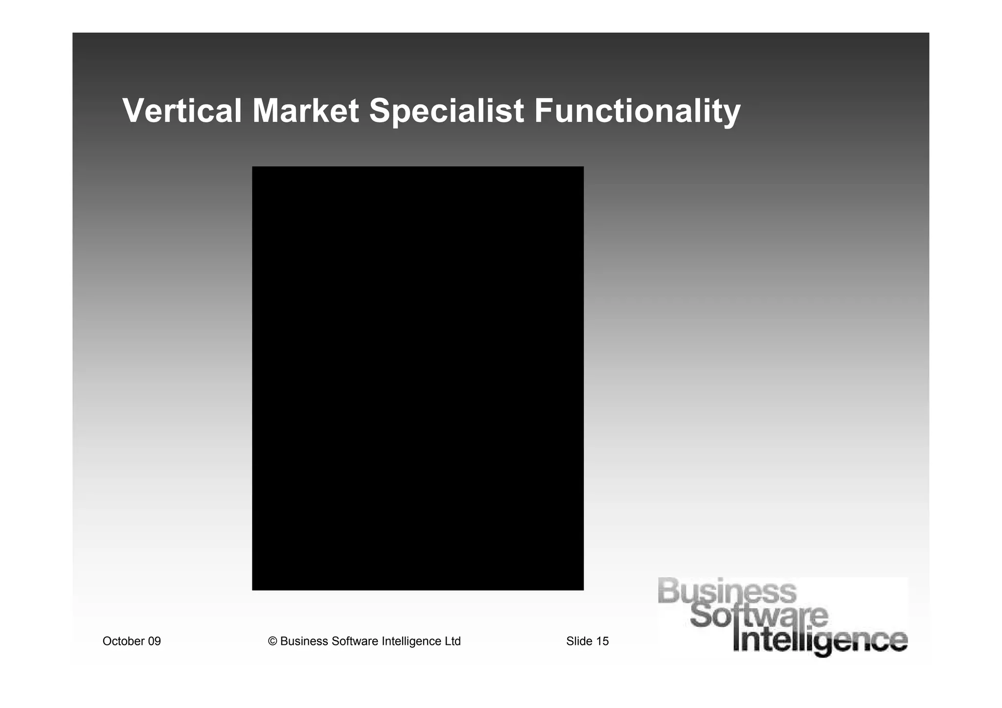 Vertical Market Specialist Functionality




October 09   © Business Software Intelligence Ltd   Slide 15
 
