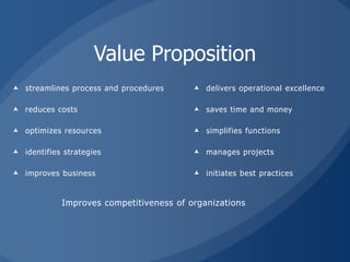 Value Proposition
 streamlines process and procedures      delivers operational excellence

 reduces costs                           saves time and money

 optimizes resources                     simplifies functions

 identifies strategies                   manages projects

 improves business                       initiates best practices


            Improves competitiveness of organizations
 