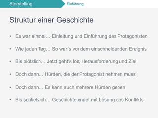 Storytelling Einführung
Struktur einer Geschichte
•  Es war einmal… Einleitung und Einführung des Protagonisten
•  Wie jeden Tag… So war´s vor dem einschneidenden Ereignis
•  Bis plötzlich… Jetzt geht‘s los, Herausforderung und Ziel
•  Doch dann… Hürden, die der Protagonist nehmen muss
•  Doch dann… Es kann auch mehrere Hürden geben
•  Bis schließlich… Geschichte endet mit Lösung des Konflikts
 